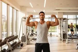 Muscular man flexing both arms in a gym