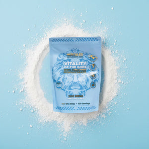 Bag of Hercules creatine monohydrate with surrounding creatine on a blue background
