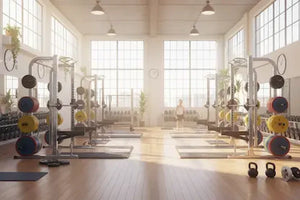 Bright and spacious gym interior with barbells, weight racks, and kettlebells on a wooden floor, bathed in natural light