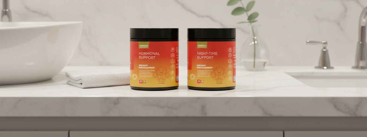 Hormonal and Night-Time Support on Bathroom Bench Banner