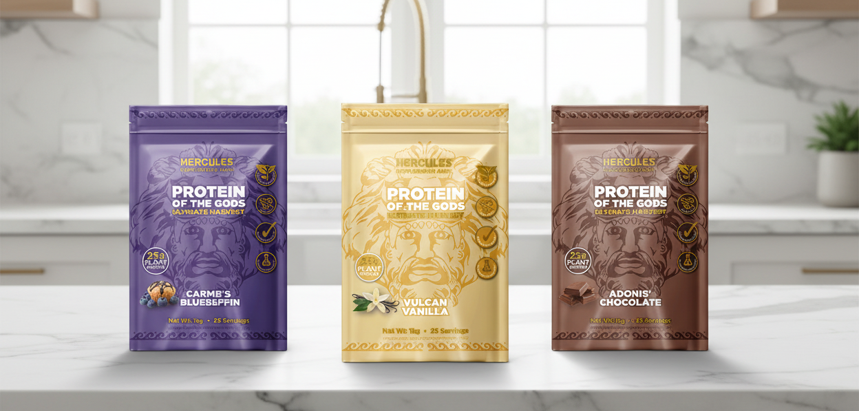 Three Protein Bags on Kitchen Bench