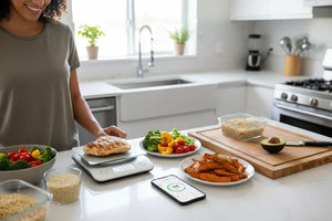 A person weighing food on a digital kitchen scale in a bright modern kitchen, with fresh healthy ingredients and a meal tracking app on their smartphone, representing accurate calorie tracking for weight loss.