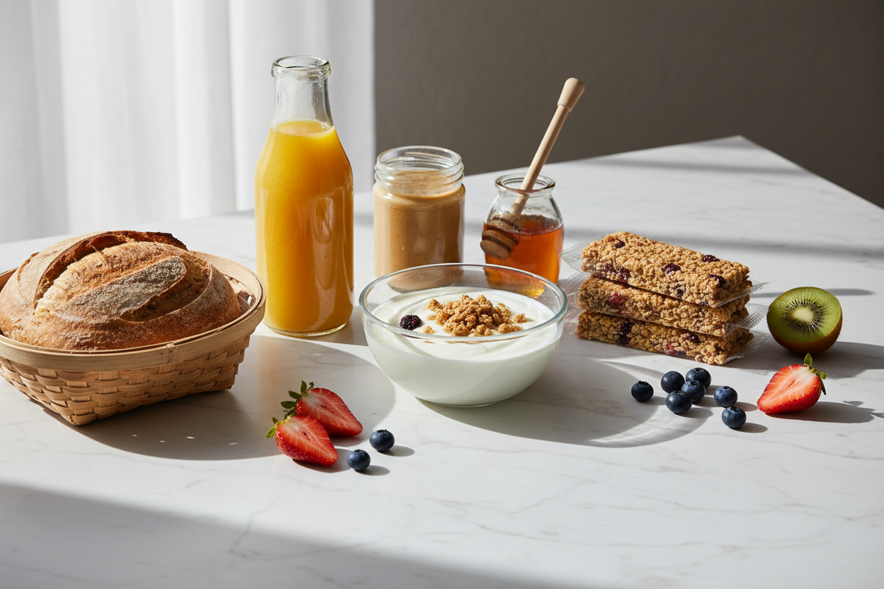 An overhead flat-lay of everyday foods including yogurt, granola bars, fruit juice, bread, and condiments arranged on a white marble surface with soft natural light.