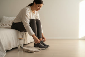 A woman sitting on the edge of a bed in soft morning light, lacing her sneakers, with a water bottle and folded towel beside her on the floor.