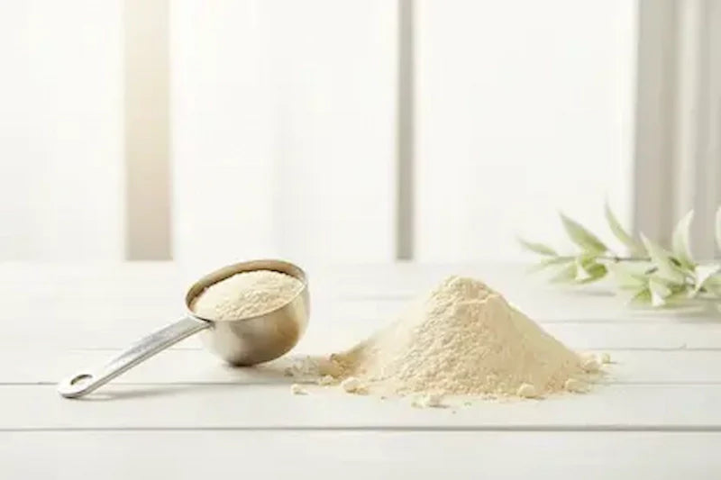 Scoop and pile of white protein powder on a white surface with green leaves in the background