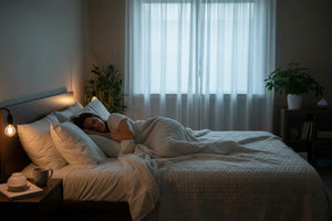 Woman sleeping peacefully in bed, representing the connection between quality sleep and fat loss progress