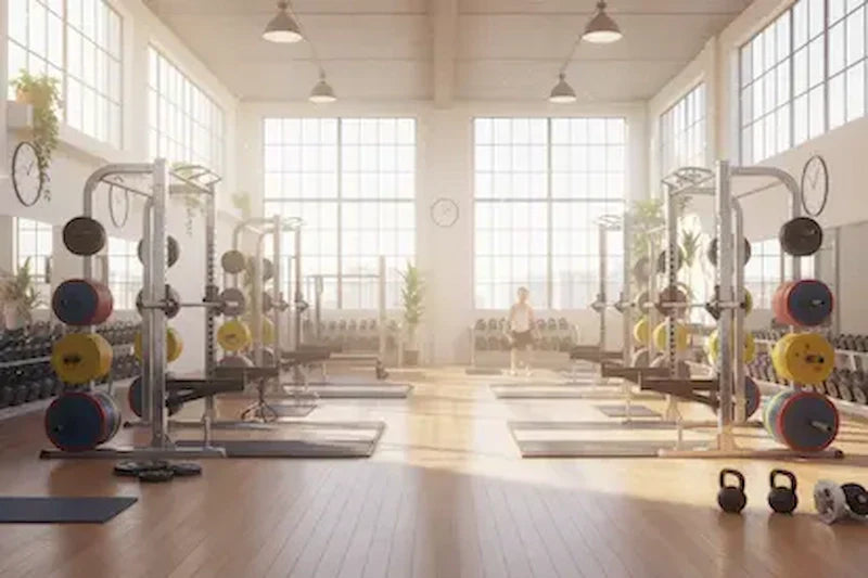 Bright and spacious gym interior with barbells, weight racks, and kettlebells on a wooden floor, bathed in natural light