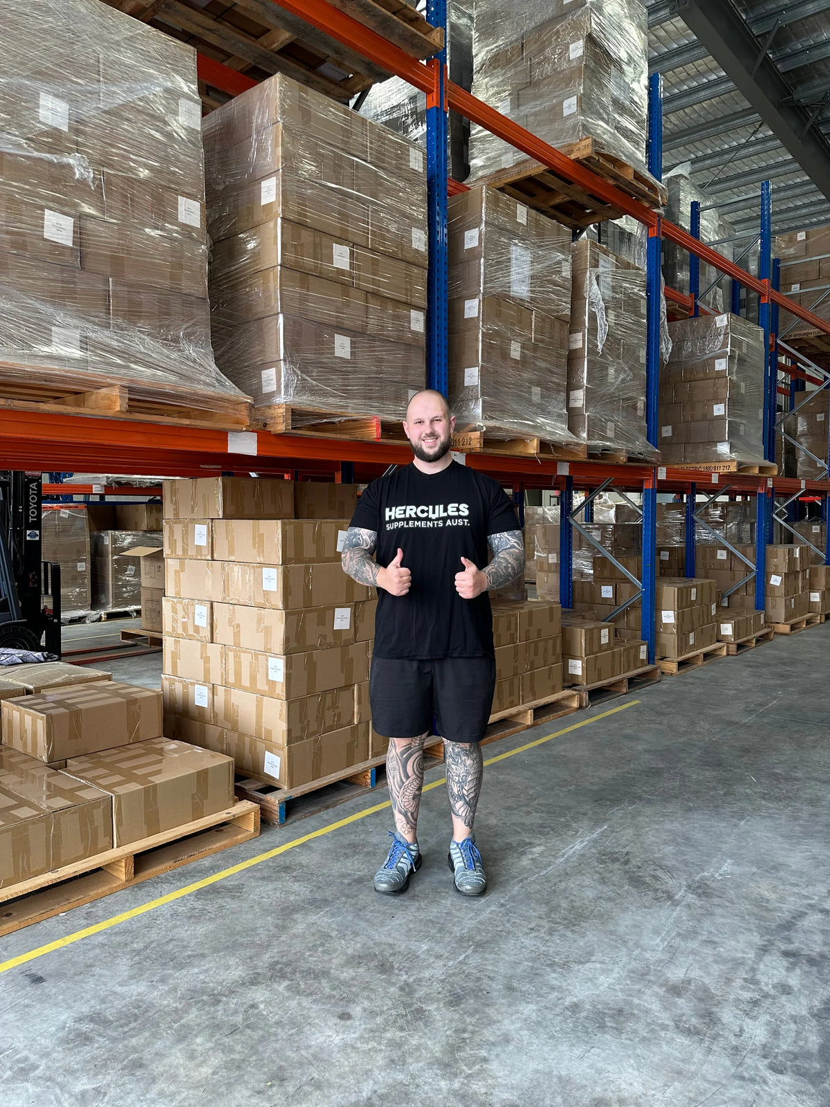 Jaydan Brennan, founder of Hercules Supplements, in the Brisbane warehouse