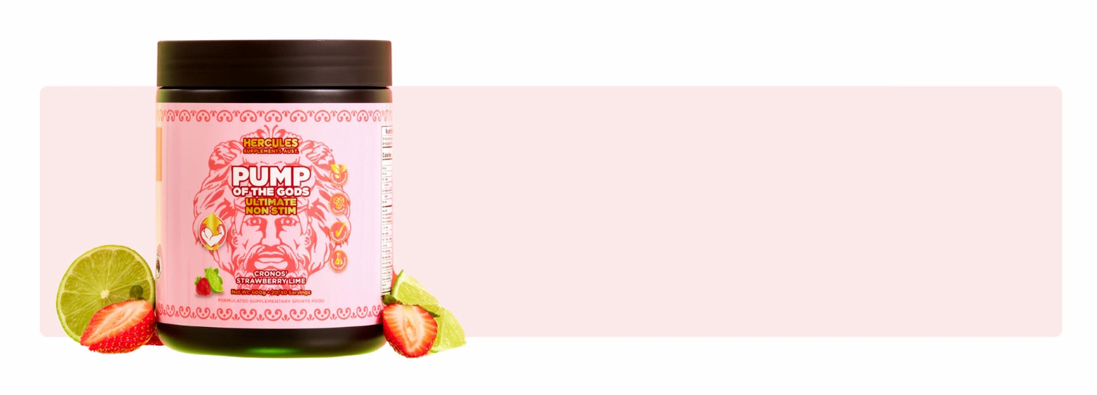 Jar of 'Pump' with strawberry and lime graphics on a pink background